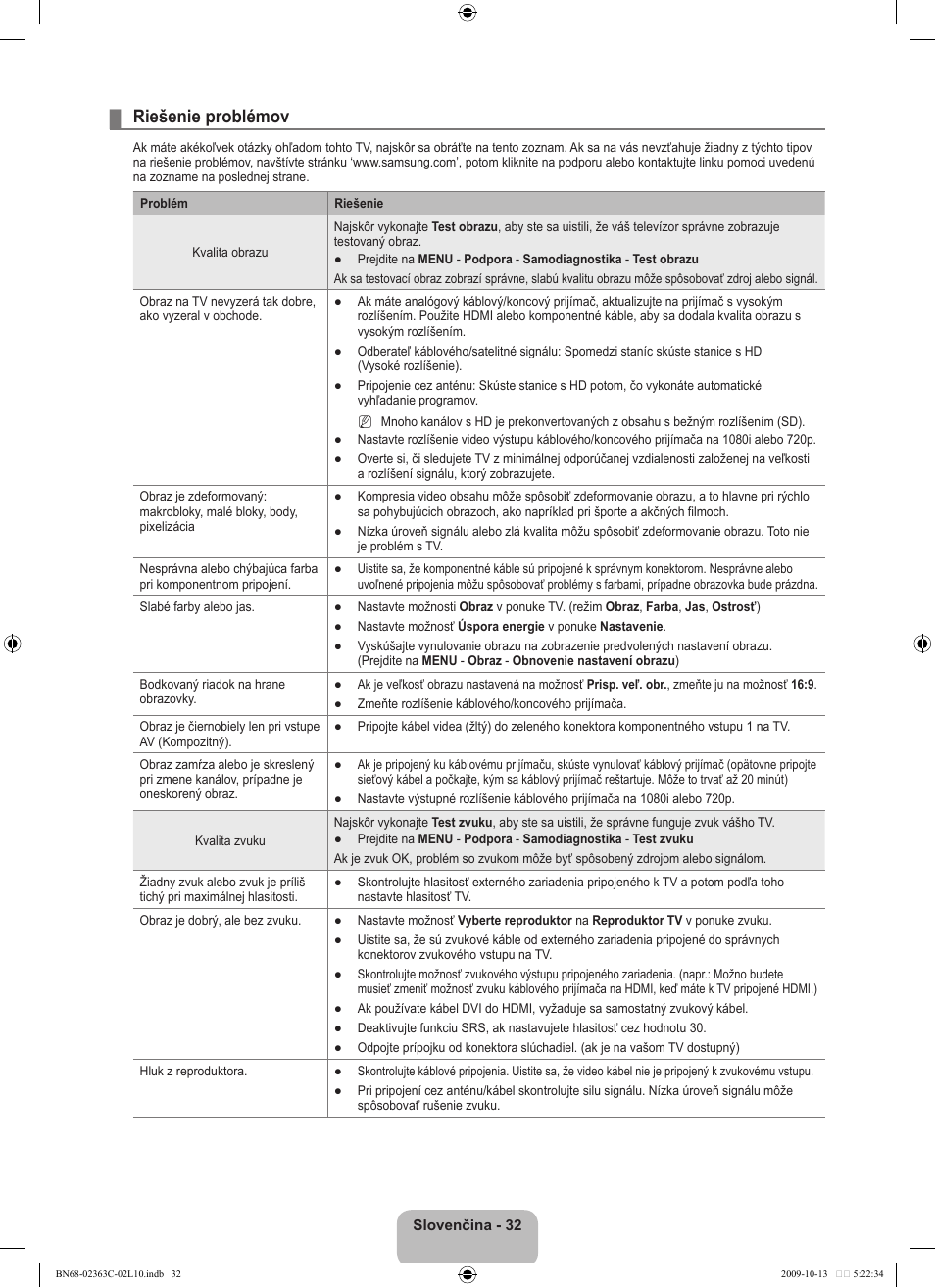 Riešenie problémov | Samsung LE32B530P7N User Manual | Page 286 / 368