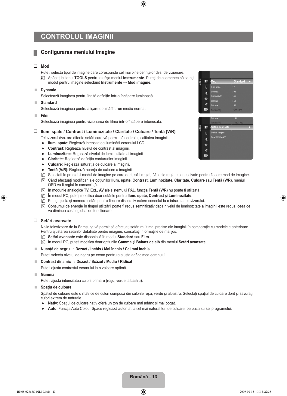 Controlul imaginii, Configurarea meniului imagine | Samsung LE32B530P7N User Manual | Page 303 / 368