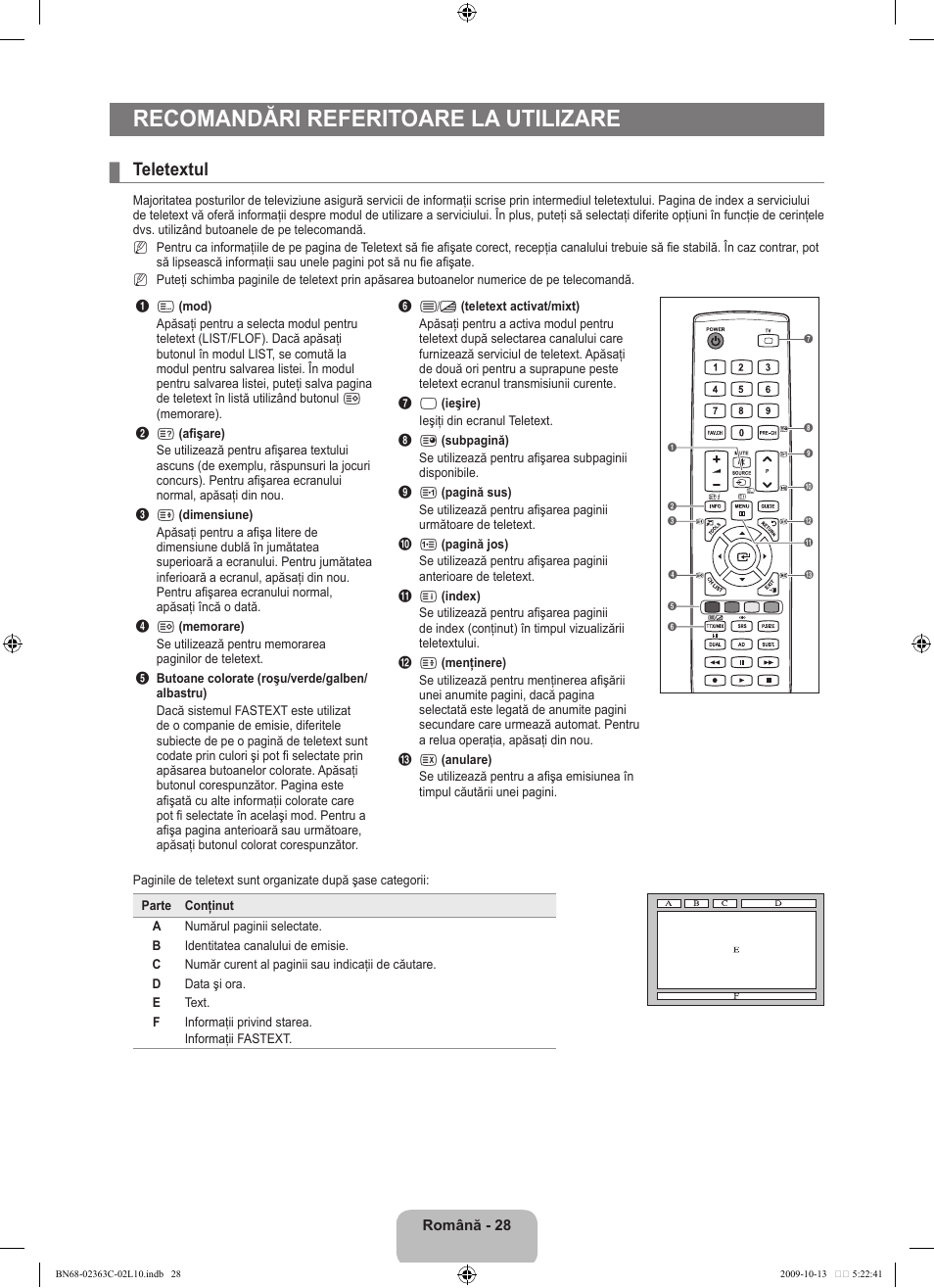 Recomandări referitoare la utilizare, Teletextul | Samsung LE32B530P7N User Manual | Page 318 / 368