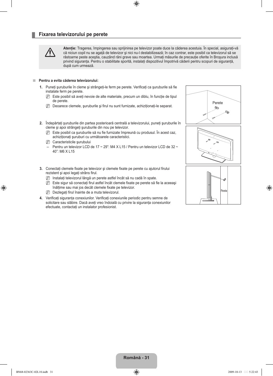 Fixarea televizorului pe perete | Samsung LE32B530P7N User Manual | Page 321 / 368