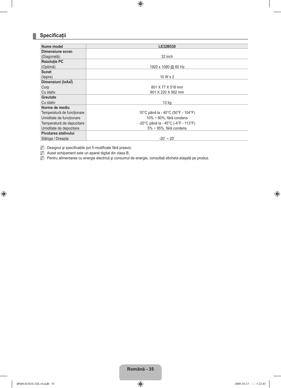 Specificaţii | Samsung LE32B530P7N User Manual | Page 325 / 368