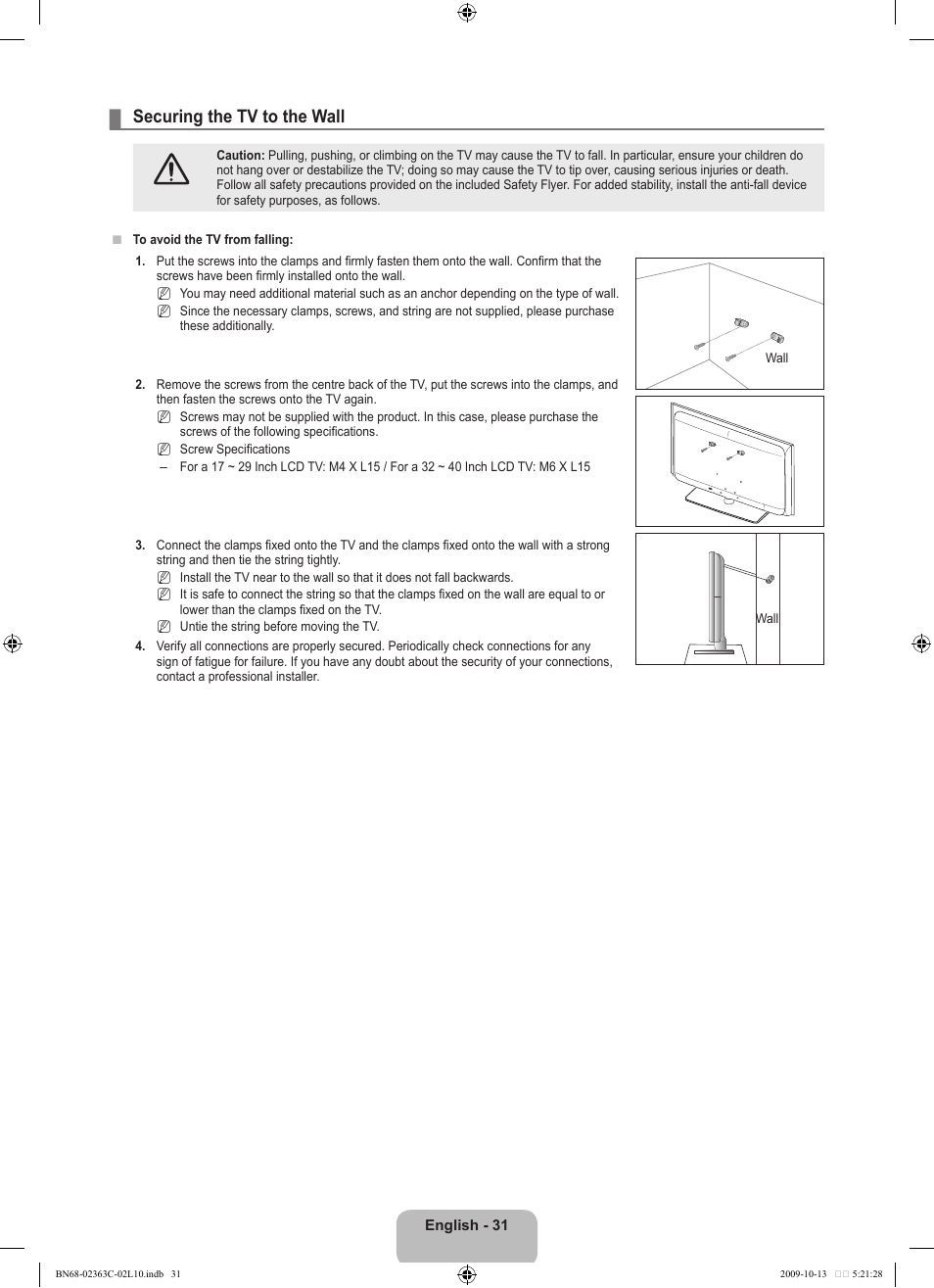 Securing the tv to the wall | Samsung LE32B530P7N User Manual | Page 33 / 368