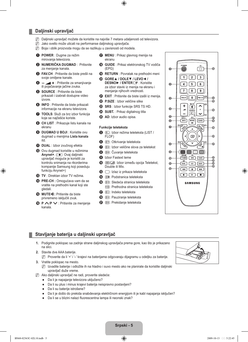 Daljinski upravljač, Stavljanje baterija u daljinski upravljač | Samsung LE32B530P7N User Manual | Page 331 / 368