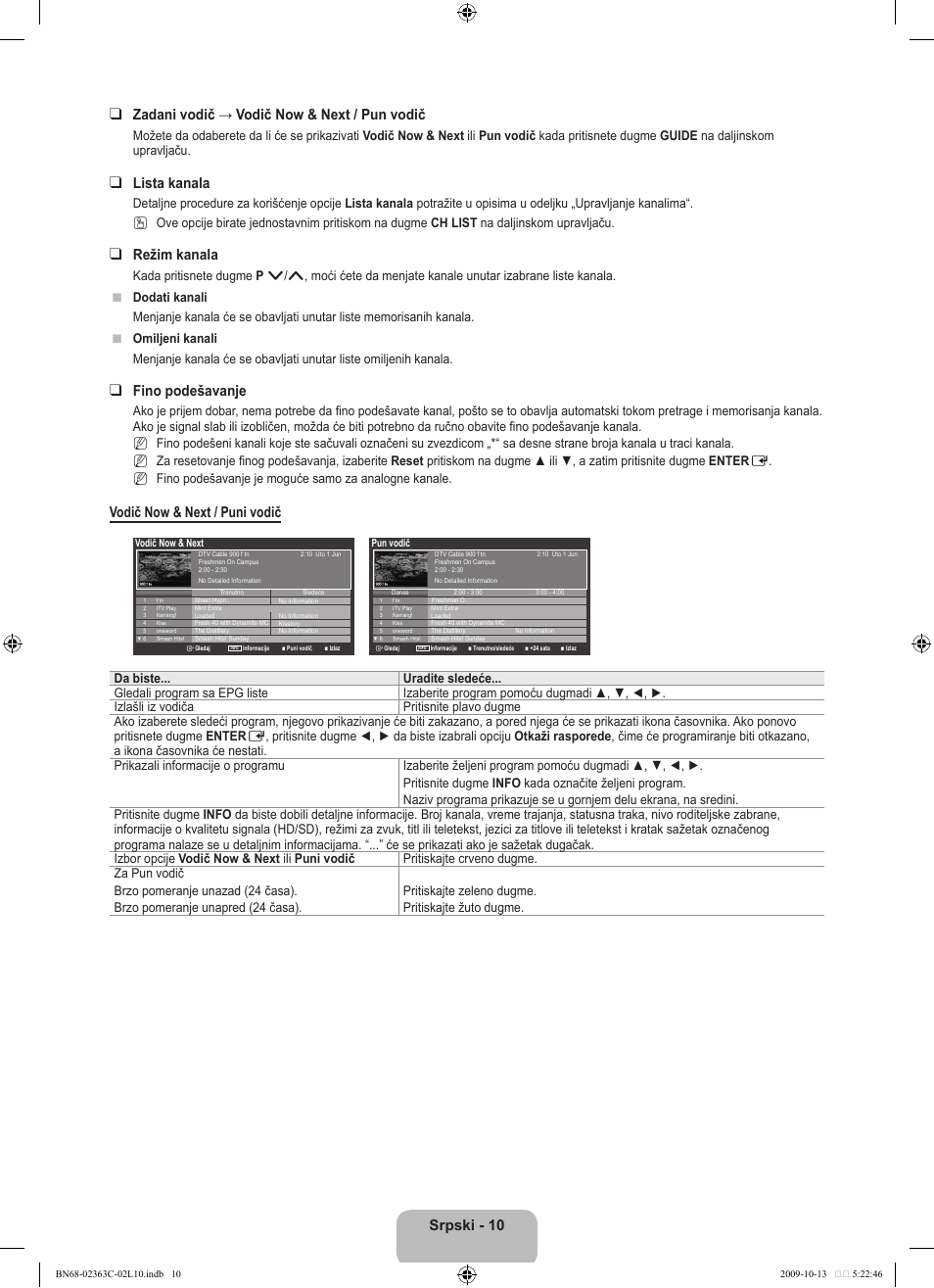 Lista kanala, Režim kanala, Fino podešavanje | Vodič now & next / puni vodič, N n n | Samsung LE32B530P7N User Manual | Page 336 / 368