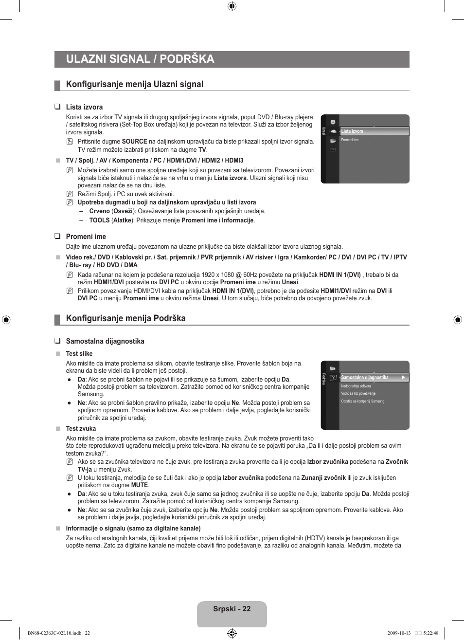 Ulazni signal / podrška, Konfigurisanje menija ulazni signal, Konfigurisanje menija podrška | Samsung LE32B530P7N User Manual | Page 348 / 368