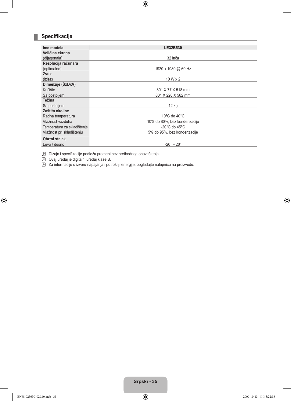 Specifikacije | Samsung LE32B530P7N User Manual | Page 361 / 368