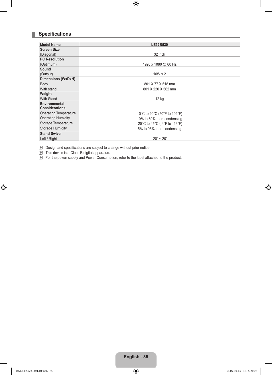 Specifications | Samsung LE32B530P7N User Manual | Page 37 / 368