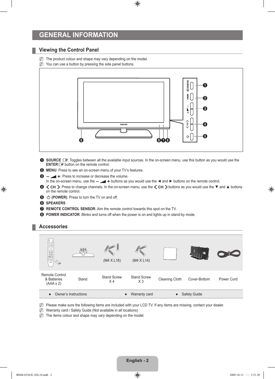 General information, Viewing the control panel, Accessories | Samsung LE32B530P7N User Manual | Page 4 / 368