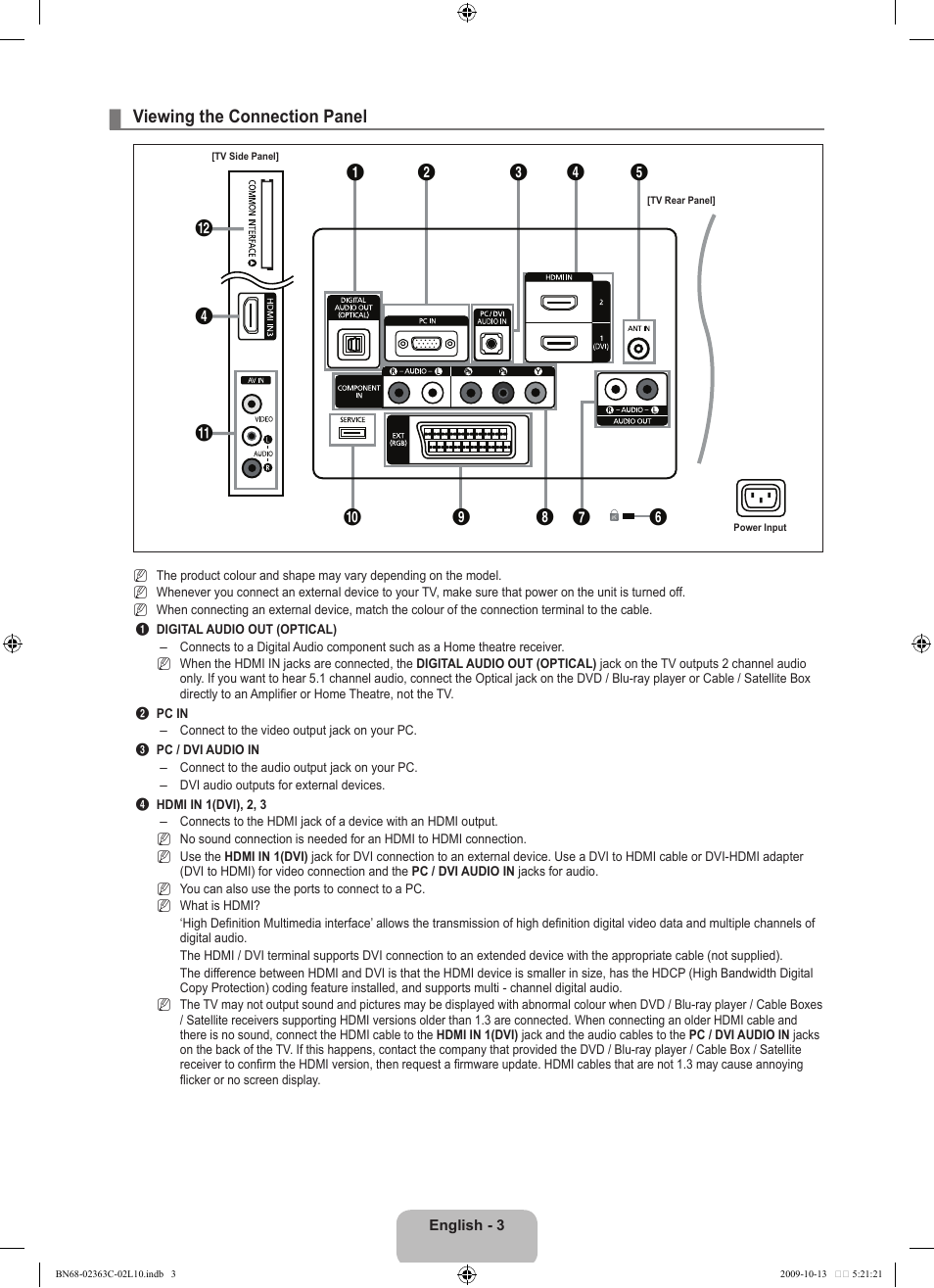 Viewing the connection panel | Samsung LE32B530P7N User Manual | Page 5 / 368