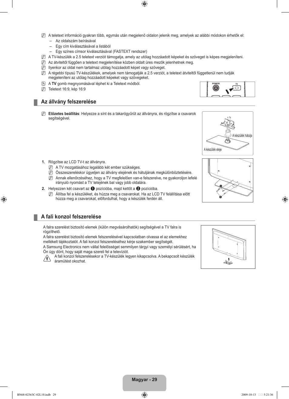 Az állvány felszerelése, A fali konzol felszerelése | Samsung LE32B530P7N User Manual | Page 67 / 368