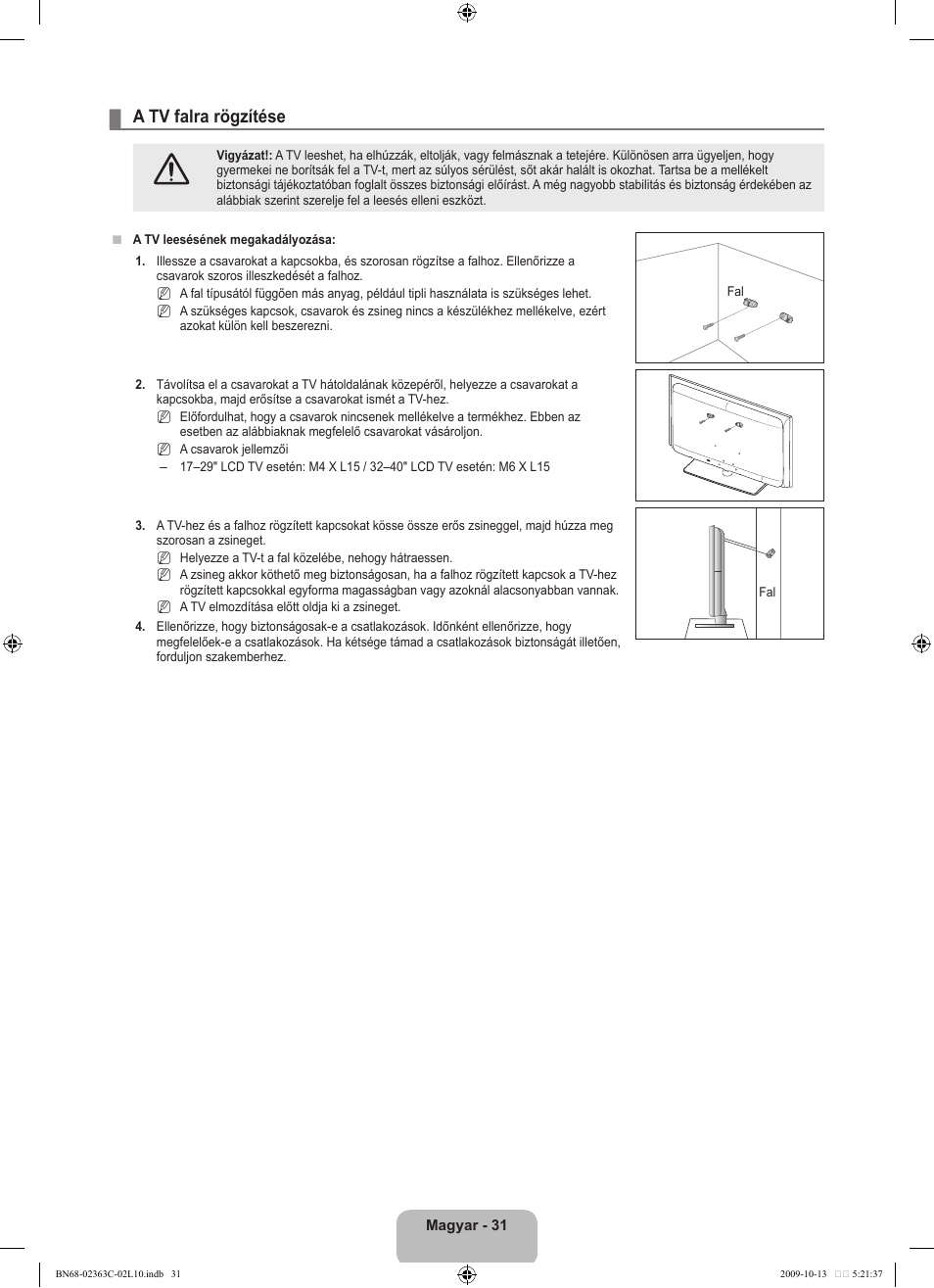 A tv falra rögzítése | Samsung LE32B530P7N User Manual | Page 69 / 368