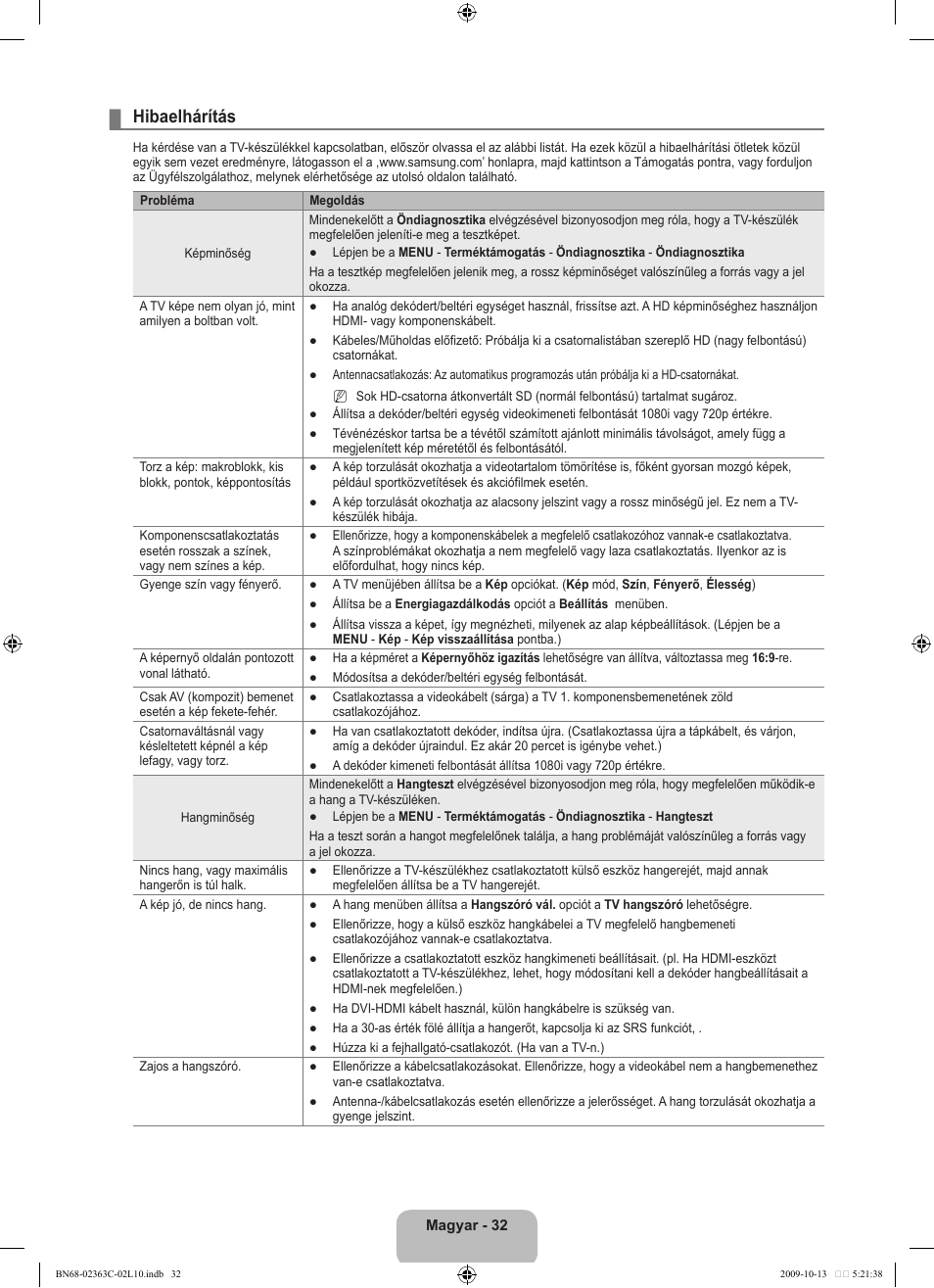 Hibaelhárítás | Samsung LE32B530P7N User Manual | Page 70 / 368