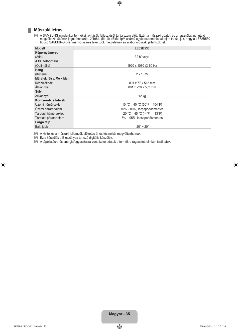 Műszaki leírás | Samsung LE32B530P7N User Manual | Page 73 / 368