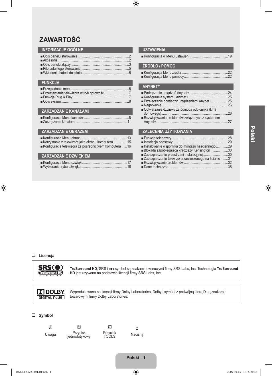 Zawartość, Polski | Samsung LE32B530P7N User Manual | Page 75 / 368