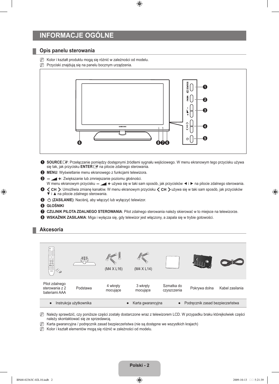 Informacje ogólne, Opis panelu sterowania, Akcesoria | Samsung LE32B530P7N User Manual | Page 76 / 368