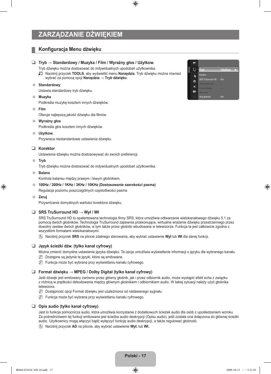 Zarządzanie dźwiękiem, Konfiguracja menu dźwięku | Samsung LE32B530P7N User Manual | Page 91 / 368