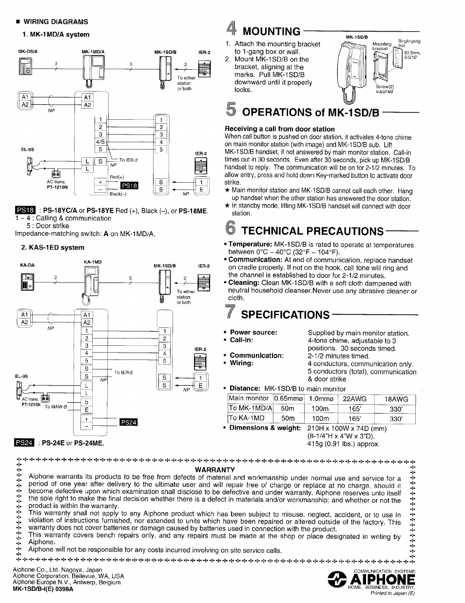 Mounting, Operations of mk-1sd/b, J technical precautions | Specifications, Aiphone, Technical precautions | Aiphone MK-1SD/B User Manual | Page 2 / 2