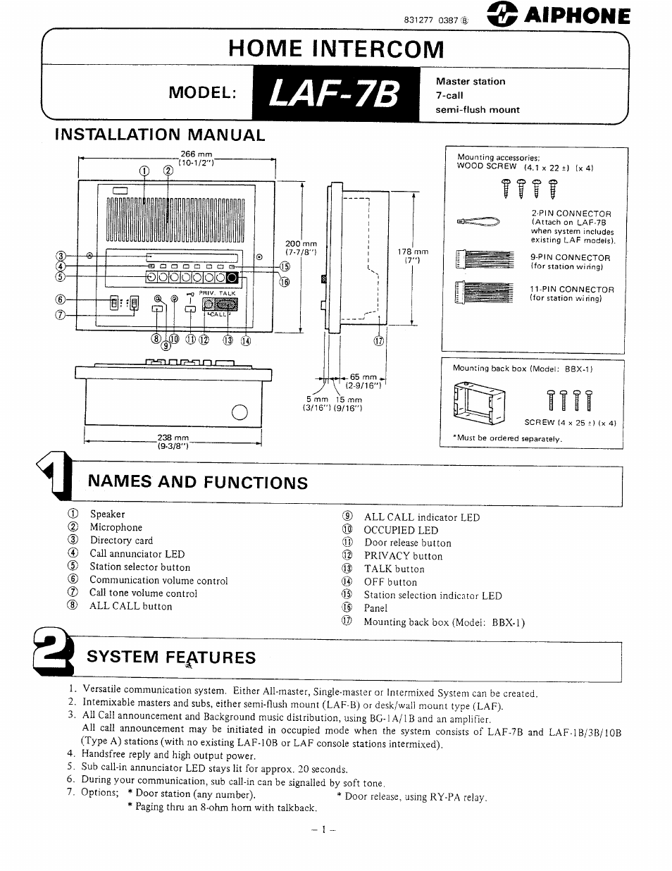 Aiphone HOME INTERCOM LAF-7B User Manual | 8 pages