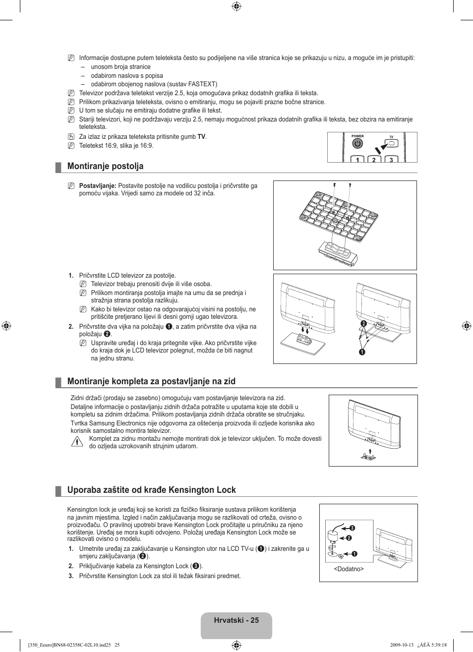 Montiranje postolja, Montiranje kompleta za postavljanje na zid, Uporaba zaštite od krađe kensington lock | Samsung LE32B350F1W User Manual | Page 187 / 328