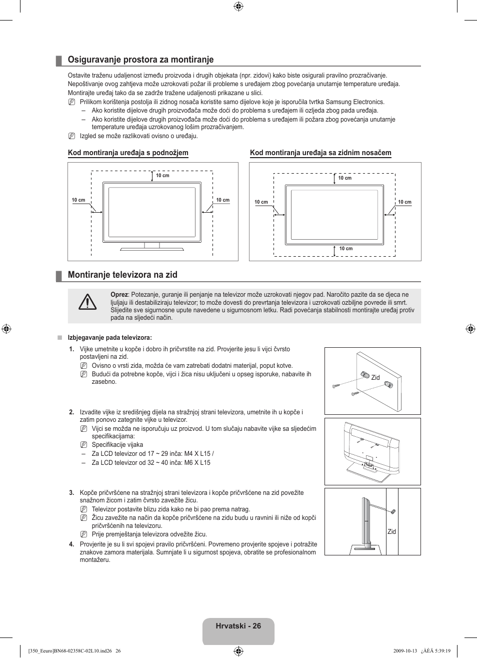 Osiguravanje prostora za montiranje, Montiranje televizora na zid | Samsung LE32B350F1W User Manual | Page 188 / 328