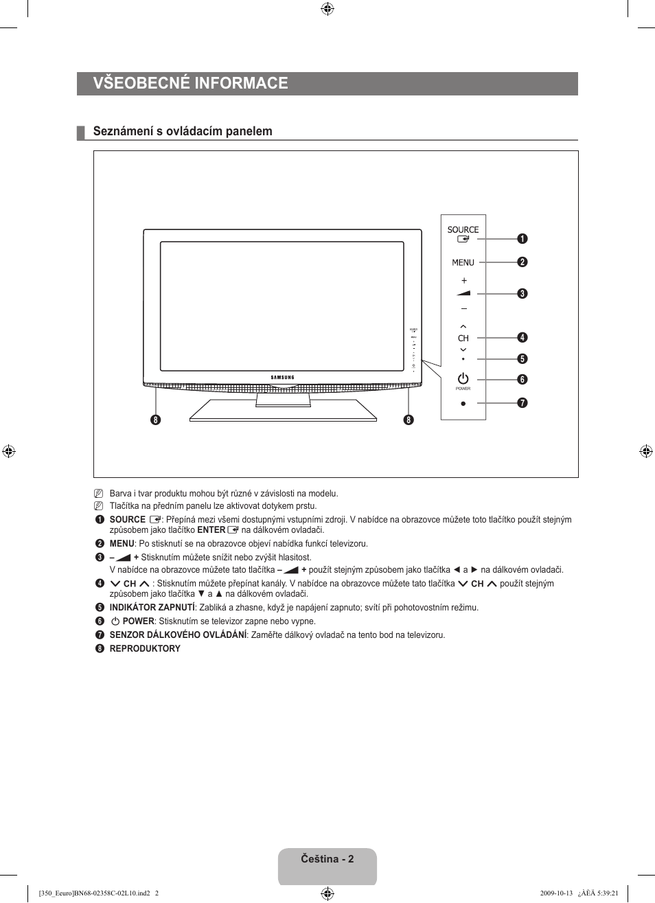 Všeobecné informace, Seznámení s ovládacím panelem | Samsung LE32B350F1W User Manual | Page 196 / 328