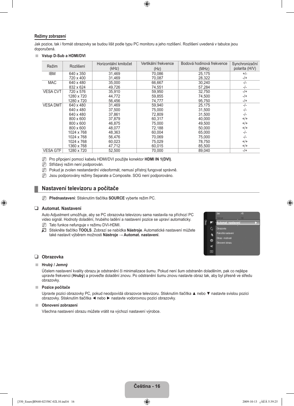 Nastavení televizoru a počítače | Samsung LE32B350F1W User Manual | Page 210 / 328