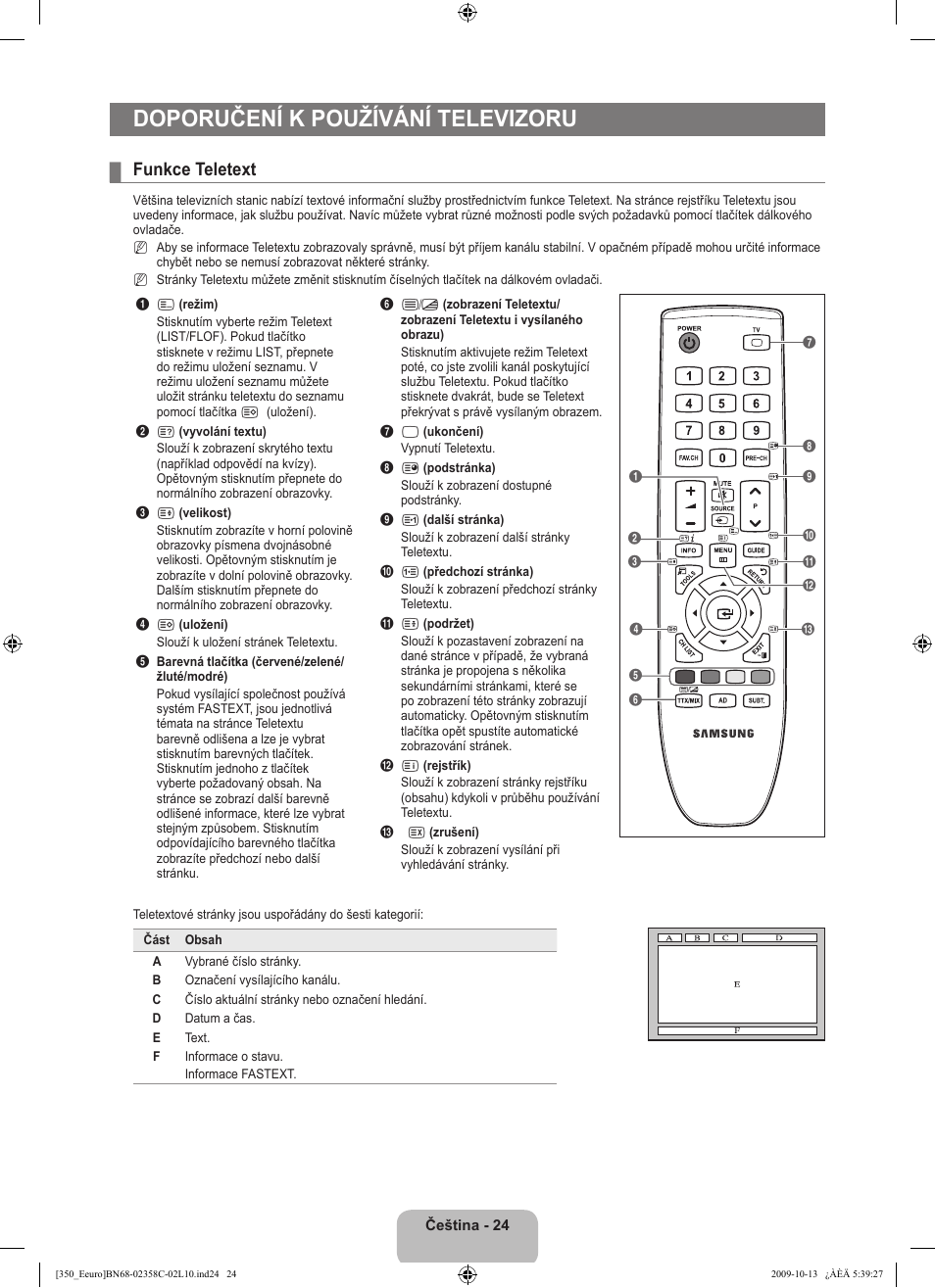 Doporučení k používání televizoru, Funkce teletext | Samsung LE32B350F1W User Manual | Page 218 / 328