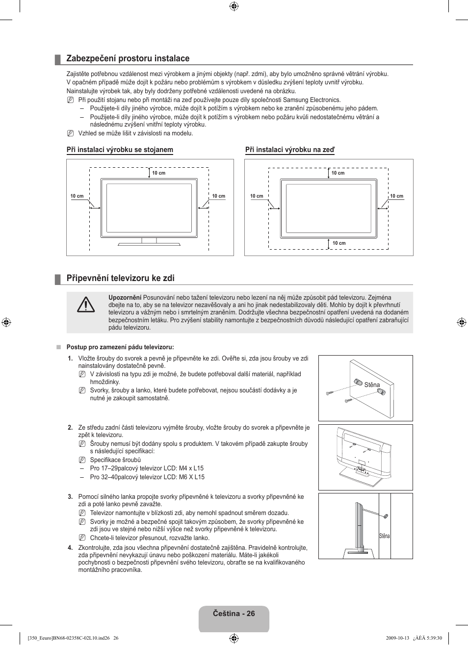 Zabezpečení prostoru instalace, Připevnění televizoru ke zdi | Samsung LE32B350F1W User Manual | Page 220 / 328