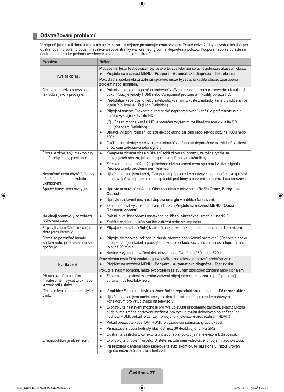 Odstraňování problémů | Samsung LE32B350F1W User Manual | Page 221 / 328