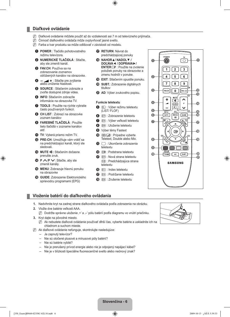 Diaľkové ovládanie, Vloženie batérií do diaľkového ovládania | Samsung LE32B350F1W User Manual | Page 232 / 328