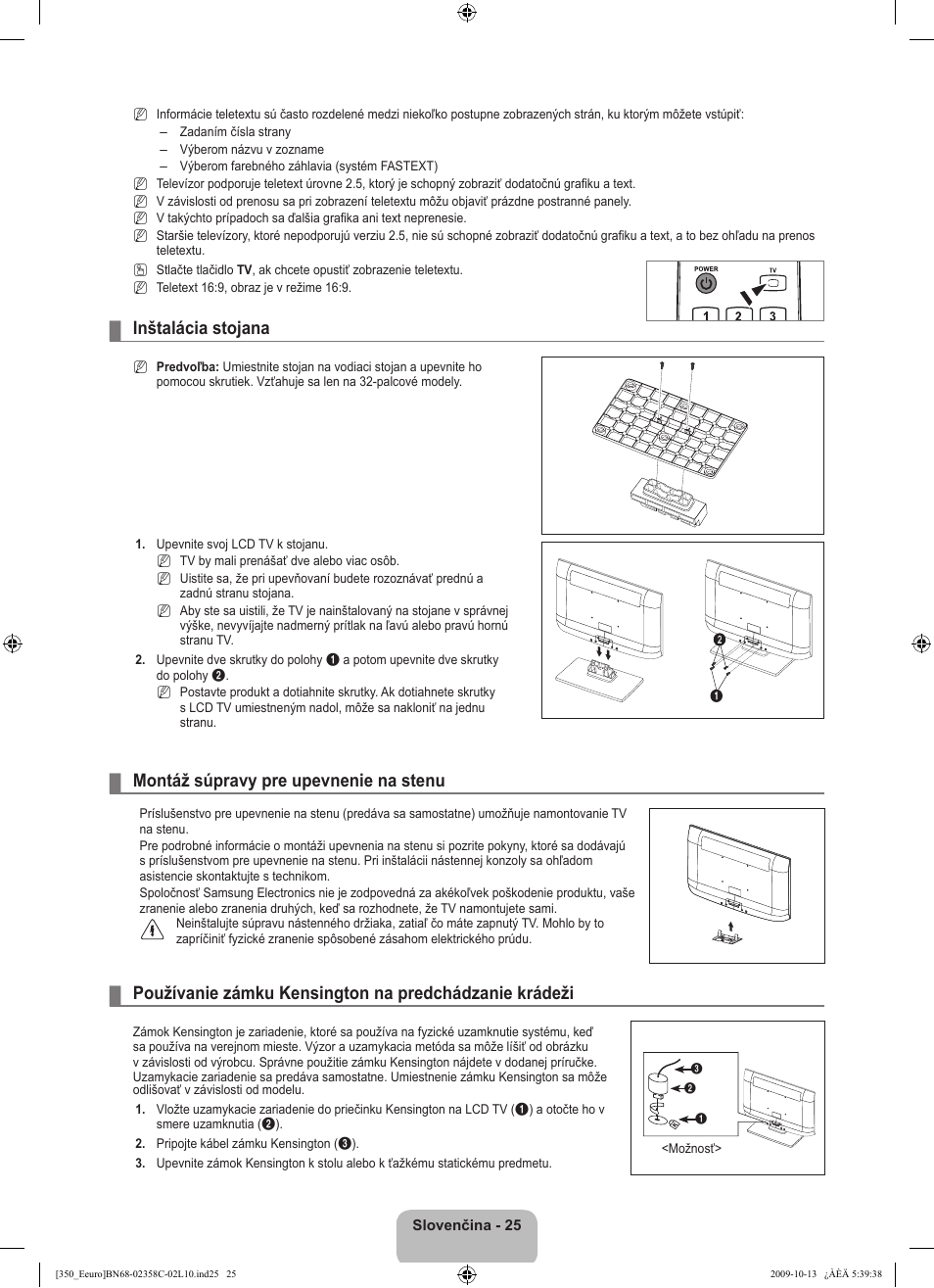 Inštalácia stojana, Montáž súpravy pre upevnenie na stenu | Samsung LE32B350F1W User Manual | Page 251 / 328