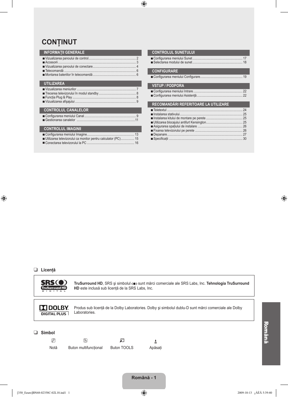 Conţinut, Română | Samsung LE32B350F1W User Manual | Page 259 / 328