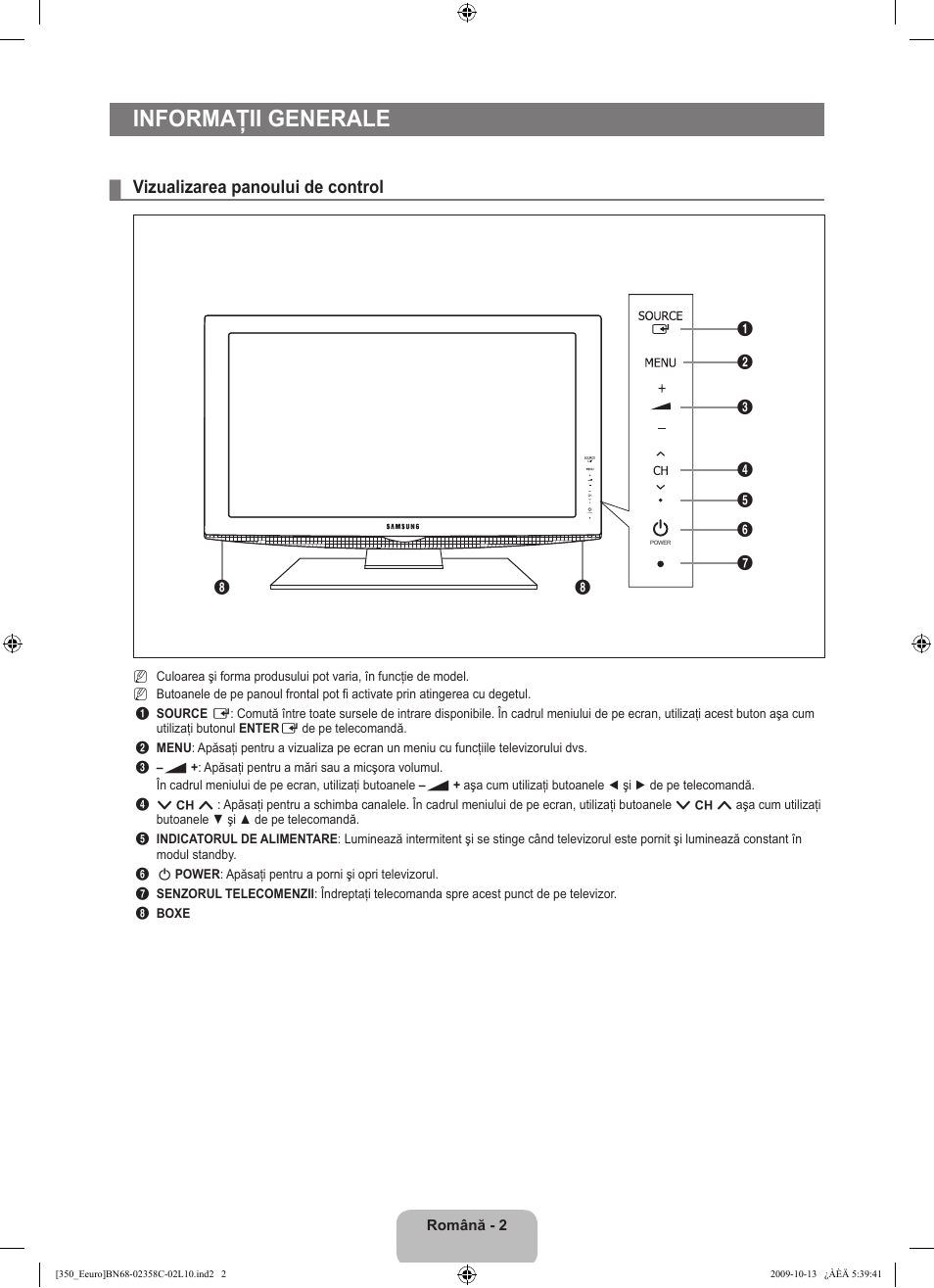 Informaţii generale, Vizualizarea panoului de control | Samsung LE32B350F1W User Manual | Page 260 / 328