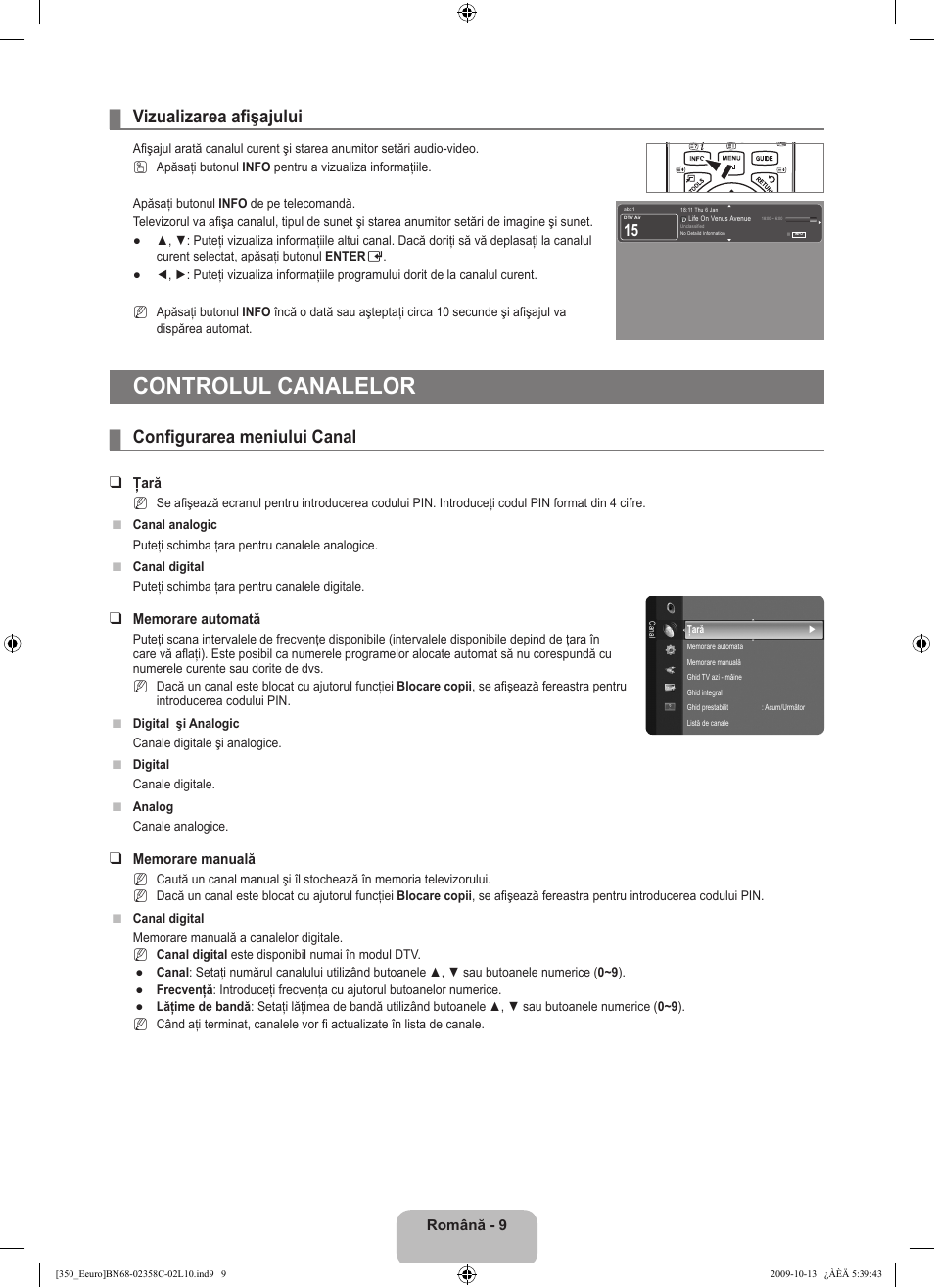 Controlul canalelor, Vizualizarea afişajului, Configurarea meniului canal | Samsung LE32B350F1W User Manual | Page 267 / 328