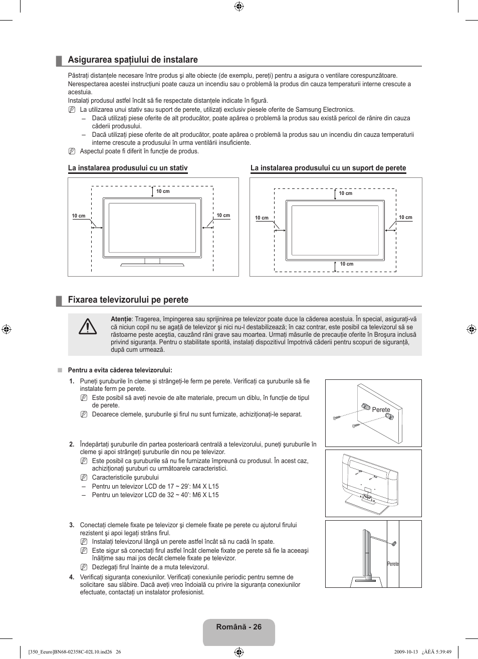 Asigurarea spaţiului de instalare, Fixarea televizorului pe perete | Samsung LE32B350F1W User Manual | Page 284 / 328