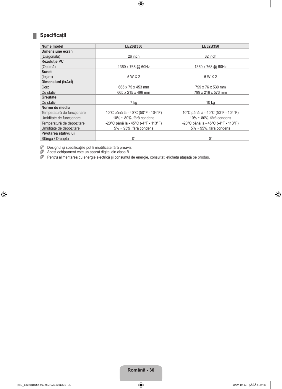 Specificaţii | Samsung LE32B350F1W User Manual | Page 288 / 328