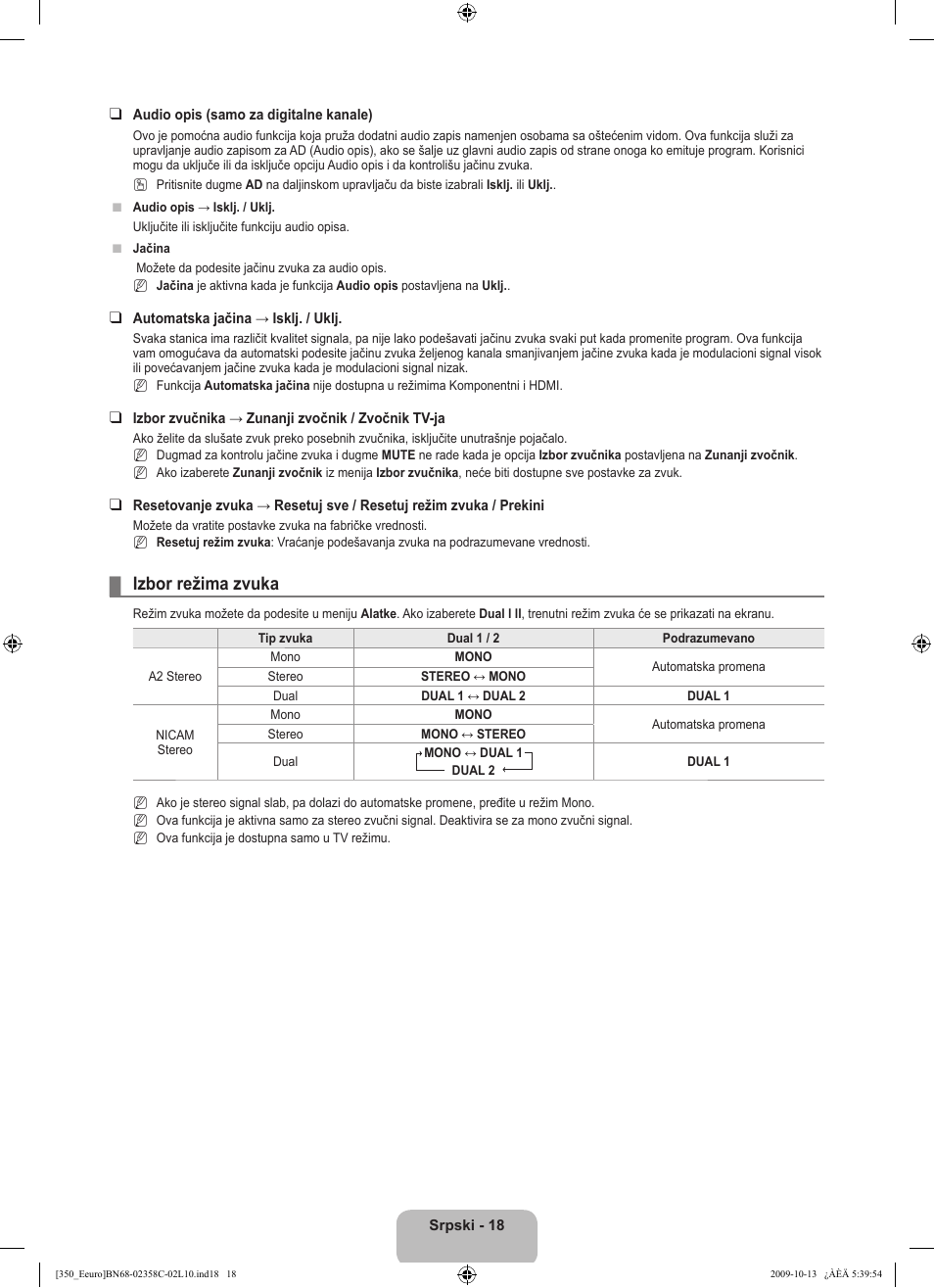 Izbor režima zvuka | Samsung LE32B350F1W User Manual | Page 308 / 328