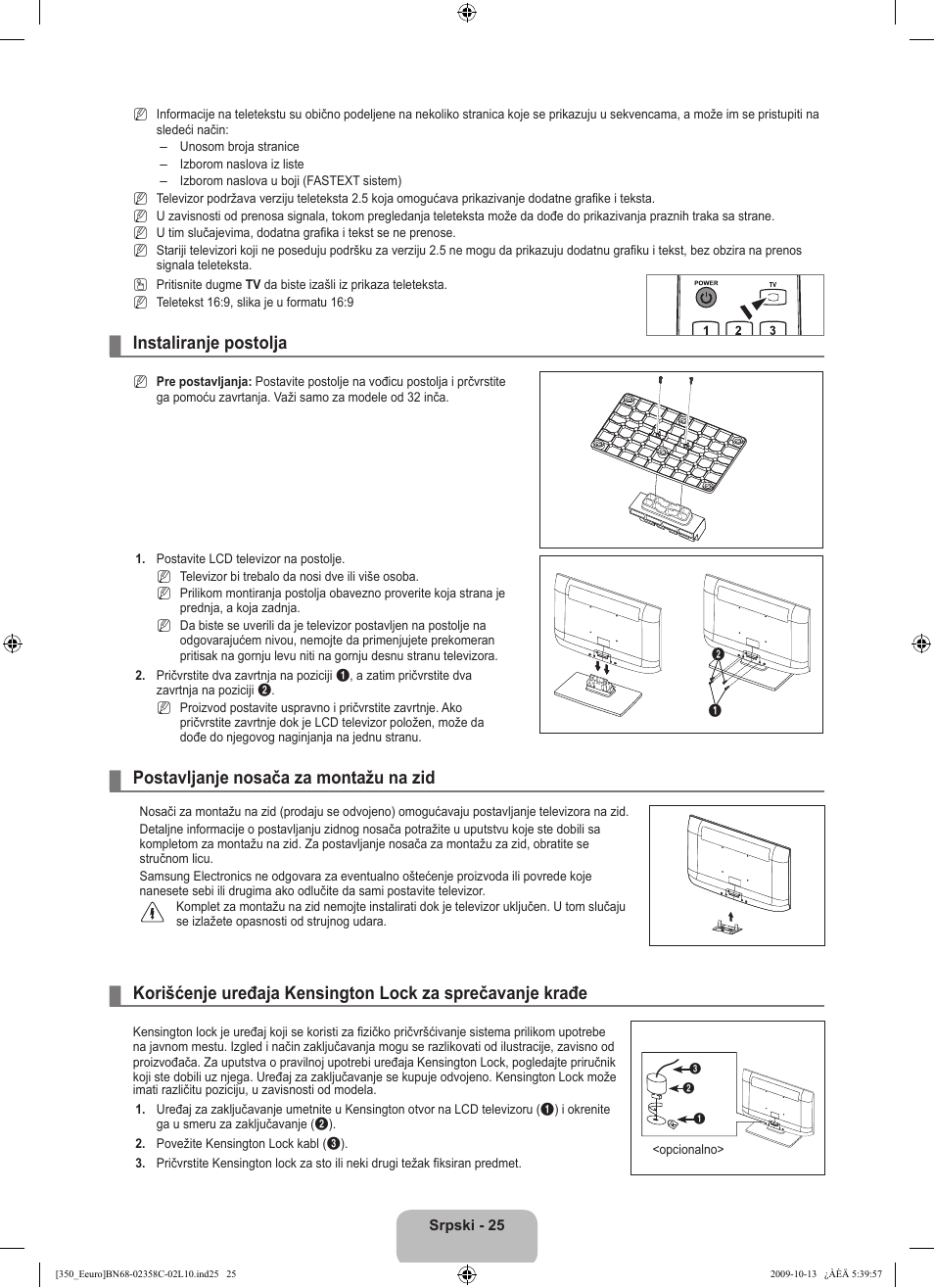 Instaliranje postolja, Postavljanje nosača za montažu na zid | Samsung LE32B350F1W User Manual | Page 315 / 328