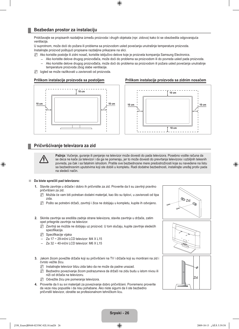 Bezbedan prostor za instalaciju, Pričvršćivanje televizora za zid | Samsung LE32B350F1W User Manual | Page 316 / 328