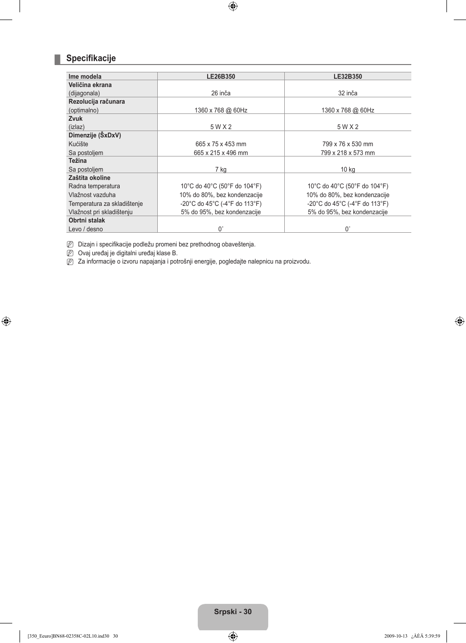 Specifikacije | Samsung LE32B350F1W User Manual | Page 320 / 328