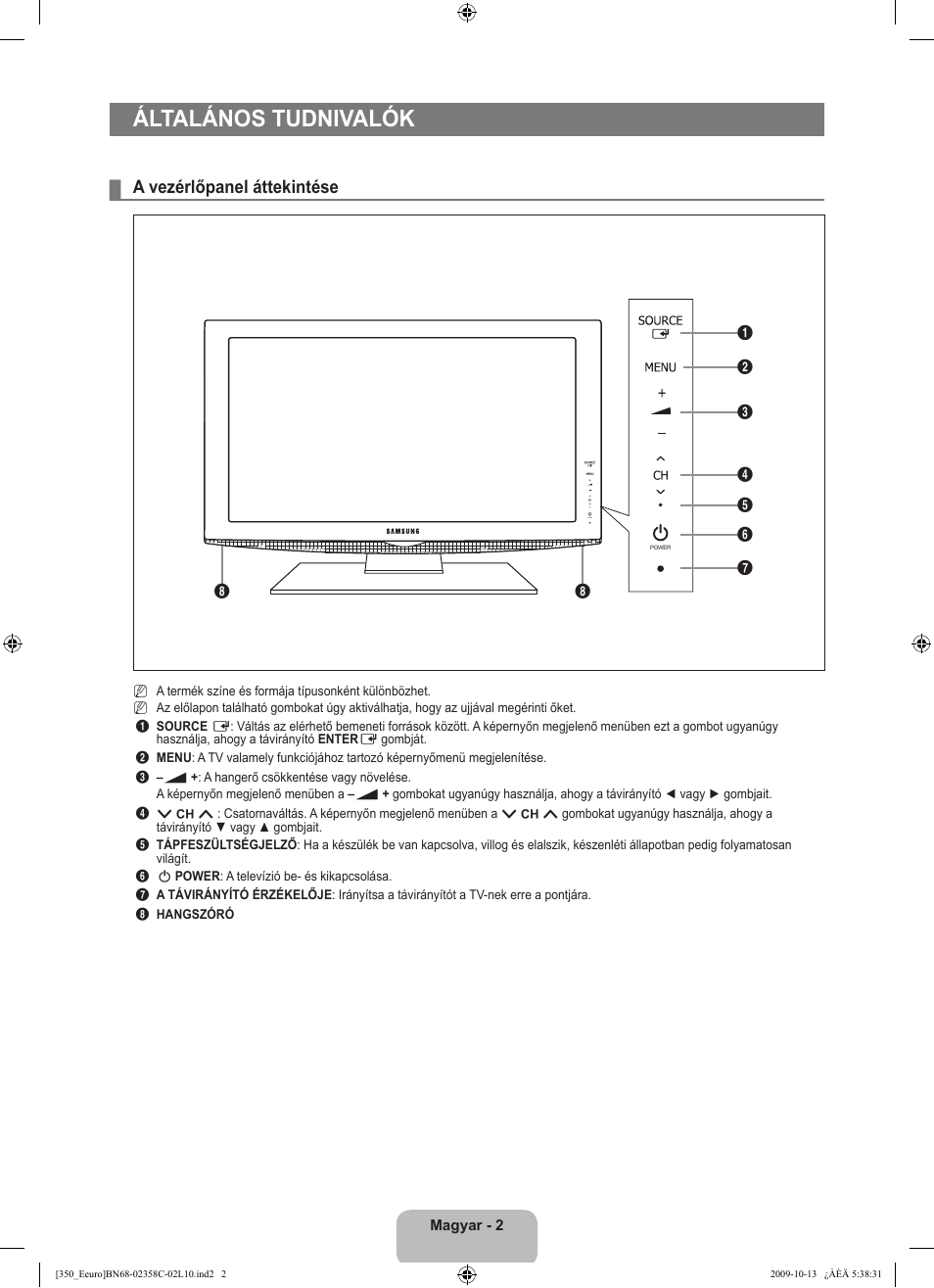 Általános tudnivalók, A vezérlőpanel áttekintése | Samsung LE32B350F1W User Manual | Page 36 / 328