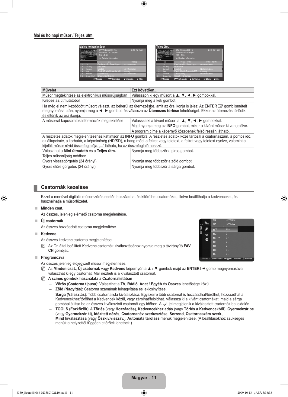 Csatornák kezelése, Magyar - 11 mai és holnapi műsor / teljes útm | Samsung LE32B350F1W User Manual | Page 45 / 328