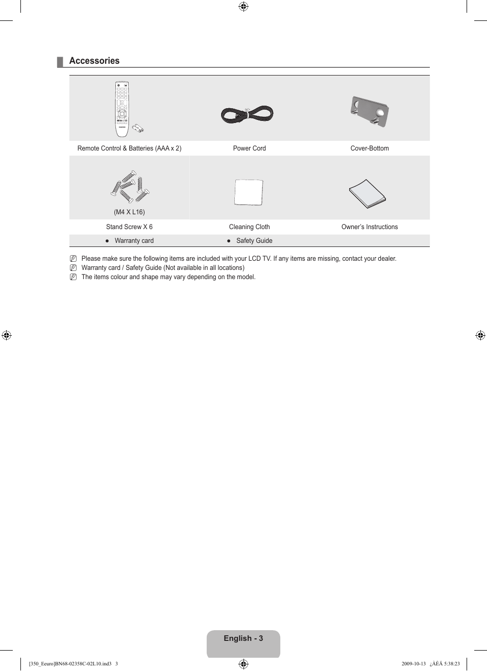 Accessories | Samsung LE32B350F1W User Manual | Page 5 / 328