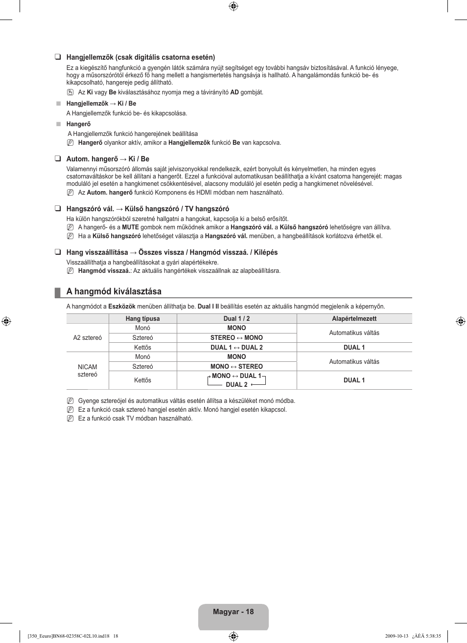 A hangmód kiválasztása | Samsung LE32B350F1W User Manual | Page 52 / 328