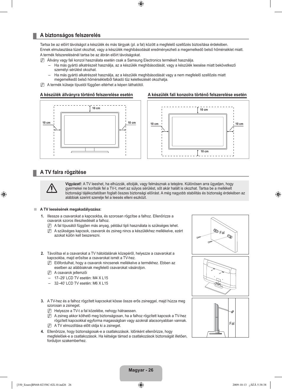 A biztonságos felszerelés, A tv falra rögzítése | Samsung LE32B350F1W User Manual | Page 60 / 328