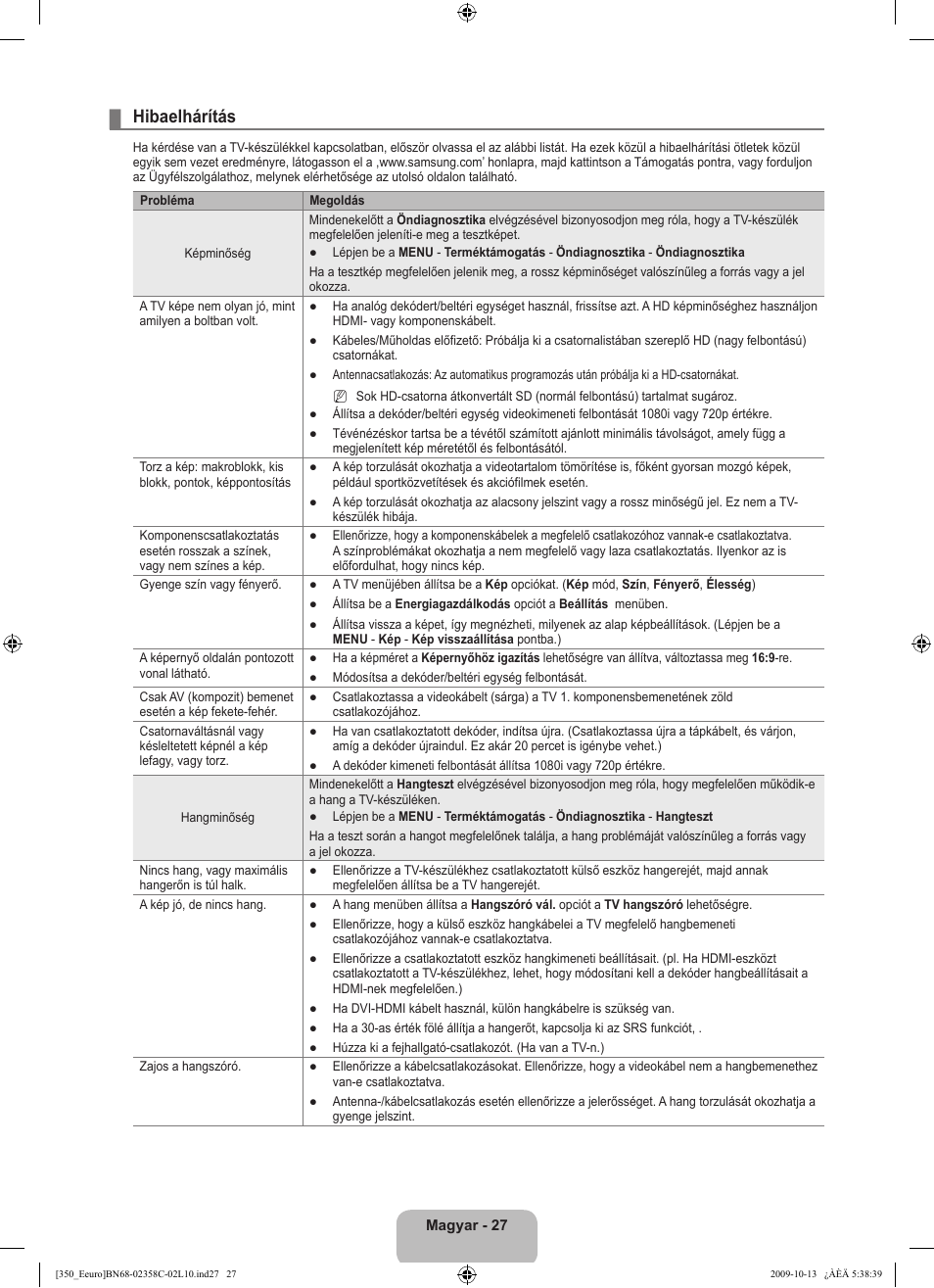 Hibaelhárítás | Samsung LE32B350F1W User Manual | Page 61 / 328