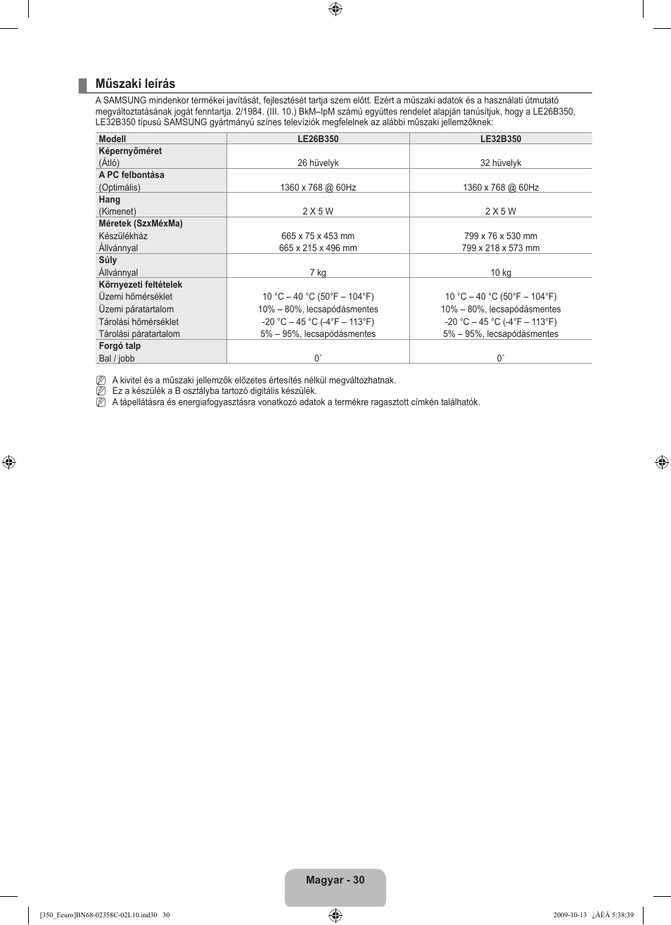 Műszaki leírás | Samsung LE32B350F1W User Manual | Page 64 / 328