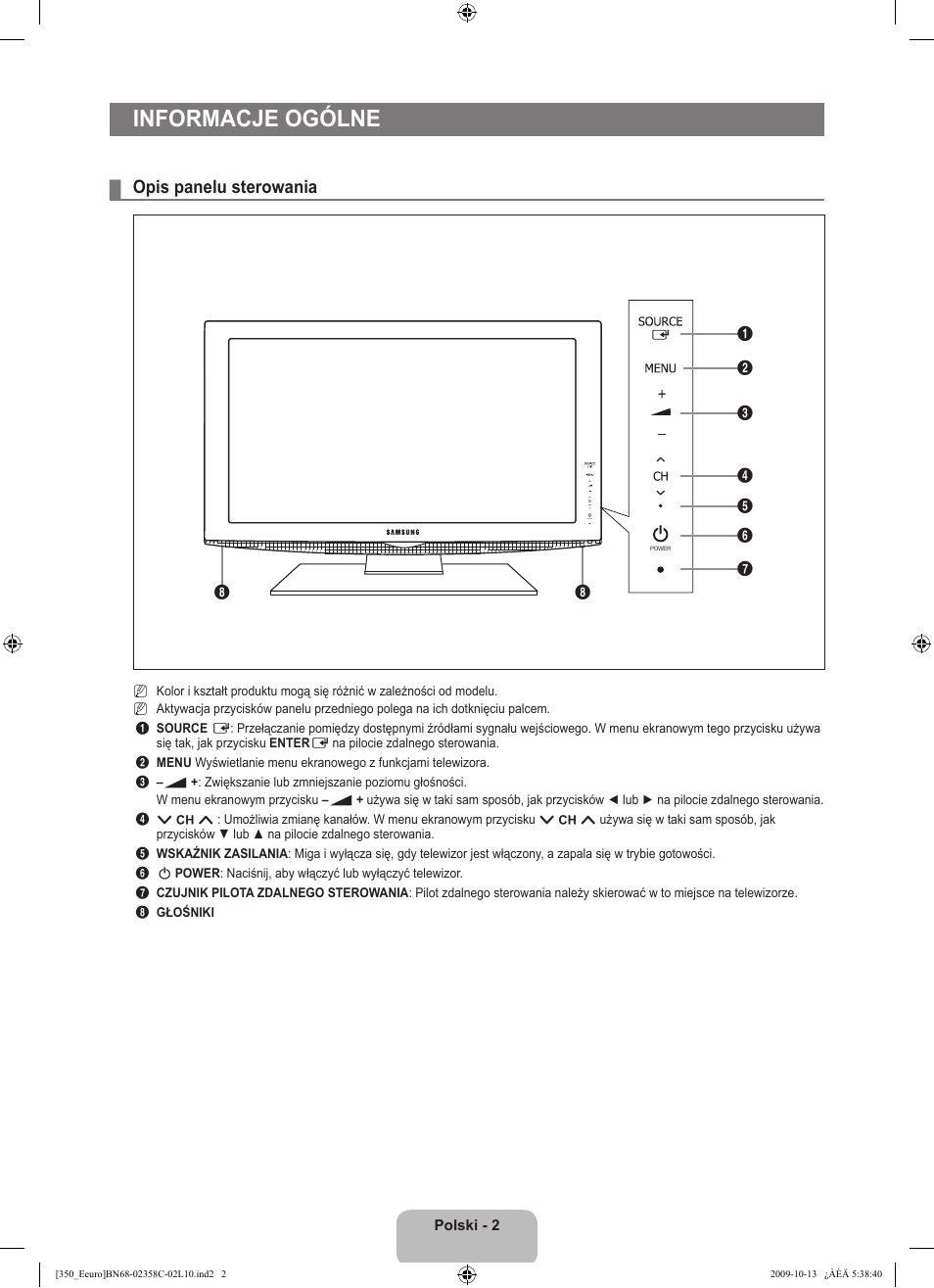 Informacje ogólne, Opis panelu sterowania | Samsung LE32B350F1W User Manual | Page 68 / 328