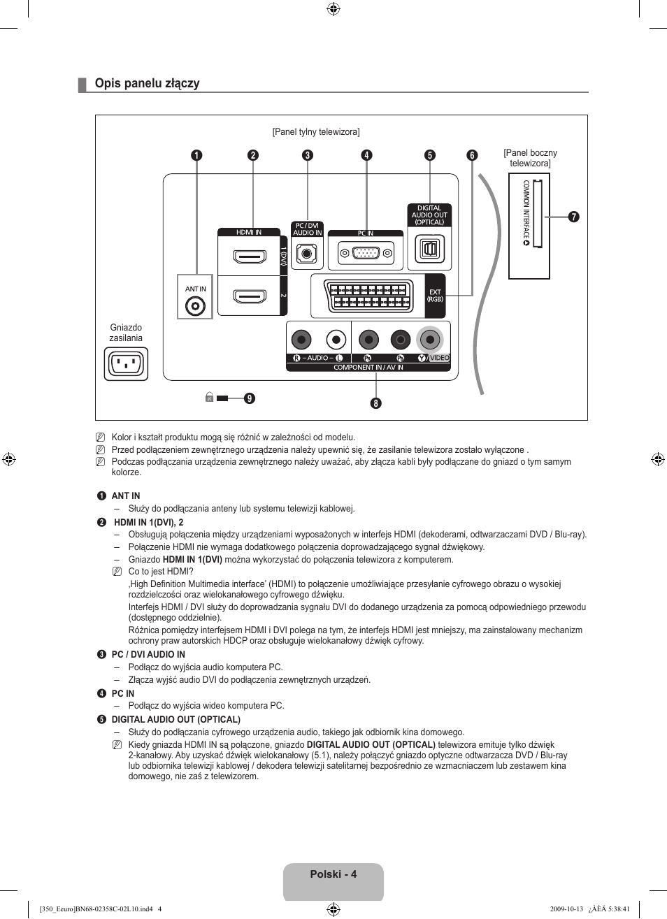 Opis panelu złączy | Samsung LE32B350F1W User Manual | Page 70 / 328