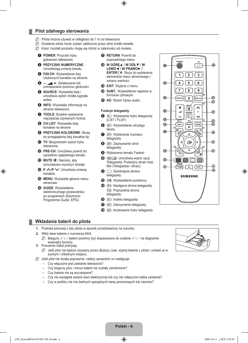 Pilot zdalnego sterowania, Wkładanie baterii do pilota | Samsung LE32B350F1W User Manual | Page 72 / 328